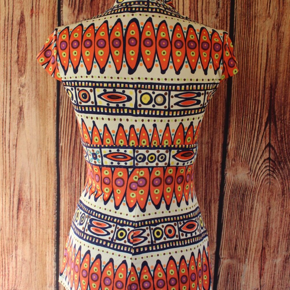 Trina Turk Womens Blouse, Silk, Size 0, Tribal Pattern in Orange and Navy - Picture 12 of 12